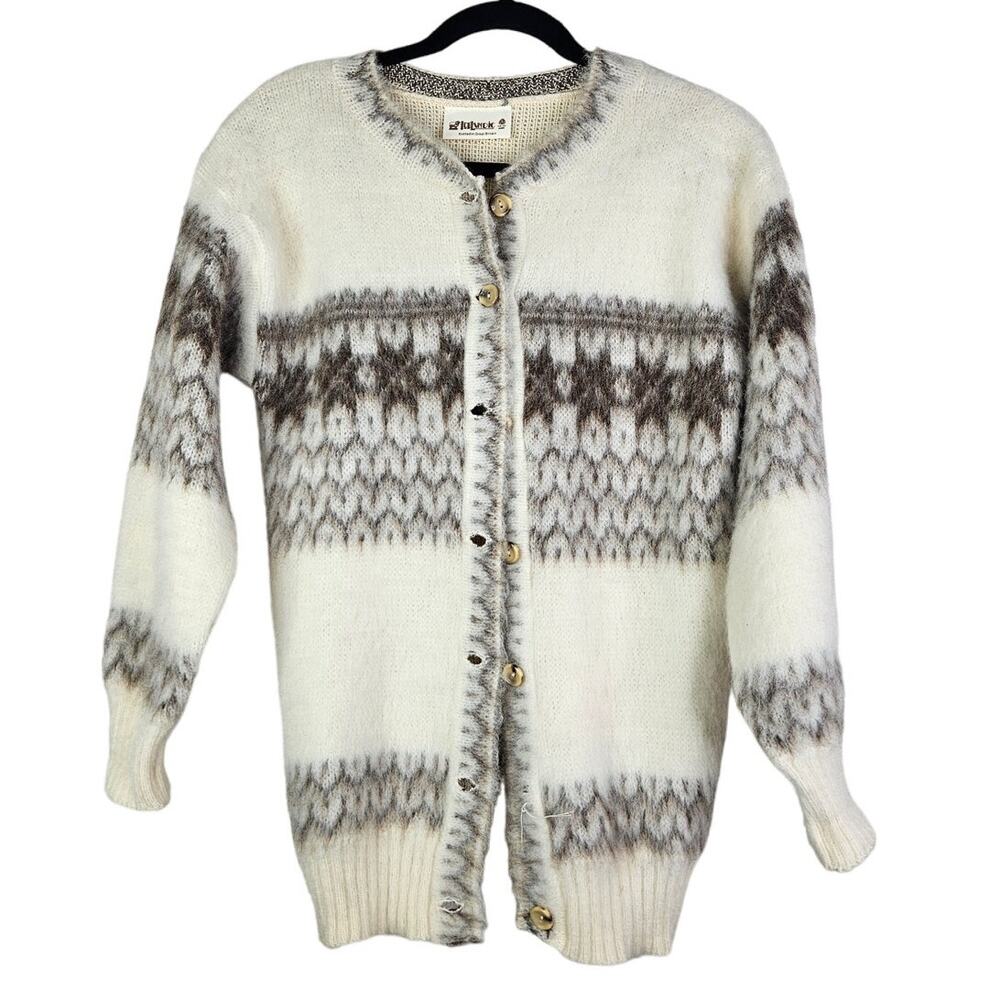 Vintage Icelandic S Fuzzy Cardigan Sweater Nordic Fair Isle Cream Brown Cottage